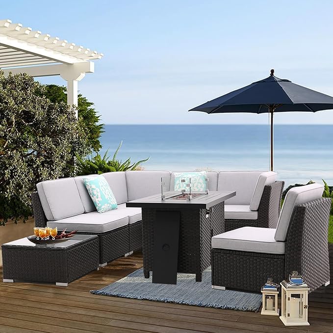 Patio Sofa Set with 46 Inch Propane Firepit Table Coffee Table Outdoor Sectional Set Patio Conversation Set Patio Furniture Sets All Weather with Thick Cushion Rattan Weaving