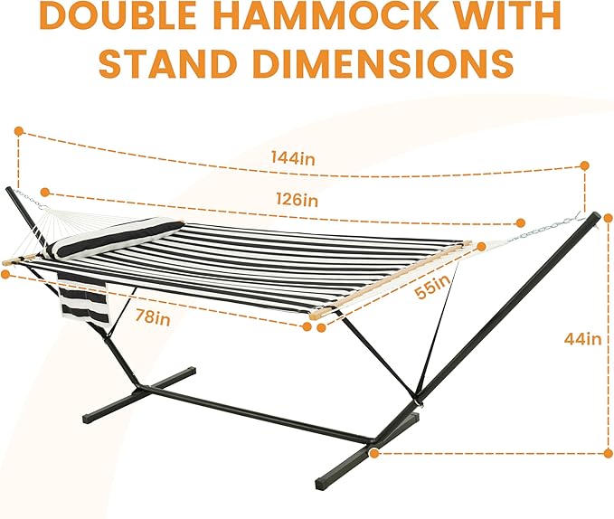 Lazy Daze Hammocks 2 Person Hammock with 12FT Stand for Outside, Quilted Double Hammock with Detachable Pillow, Balance Strap & Carrying Bag Included, 450lbs Capacity, Black Stripes