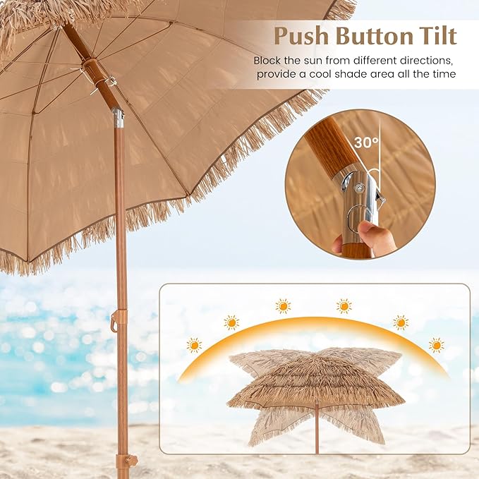 6.5Ft Tiki Umbrella Outdoor Patio, Hawaiian Hula PP Grass Umbrella with Tilt Design, 8 Ribs, Carry Bag & Foldable Base, Thatch Umbrella for Patio, Garden & Pool