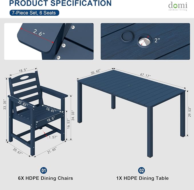 Domi HDPE Outdoor Dining Set, All-Weather 7 Piece Outdoor Dining Table Set with 2" Umbrella Hole, Outdoor Patio Dining Set for Garden, Poolside, Backyard, Deck, Blue