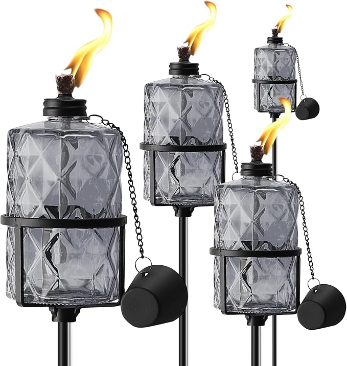 4 Pack Gray Glass Garden Torch ,60-Inch Outdoor Torch Garden Décor, Upgraded 12 oz Citronella Torches with 3-Prong Grounded Stake,Metal Light Torches for Party Patio Pathway