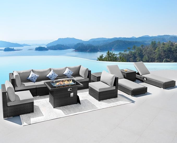 NICESOUL 11-Piece Patio Furniture with Chaise Lounge, Modern Wicker Outdoor Sectional with Fire Pit, Comfortable 29.3'' High-Back Conversation Seating, Heavy Duty All-Weather Couch Set, Light Grey