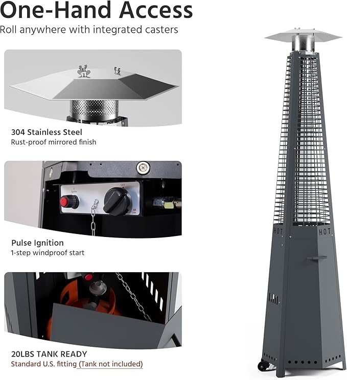 LAUSAINT HOME Pyramid Patio Heater, 48,000 BTU Outdoor Propane Heaters for Outdoor Use, Upgraded 91" Quartz Glass Tube Heater for Patio, Deck Backyard Commercial with Tip-Over Protection