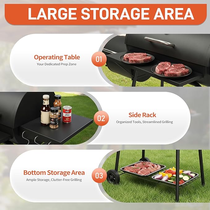 VINGLI Barrel Charcoal Grill with Offset Smoker, Built-in Lifting Carbon Mesh, Large Charcoal Barbecue Smoker Grill Combo for Outdoor Backyard Patio Camping Parties 52 × 20 × 44 inch