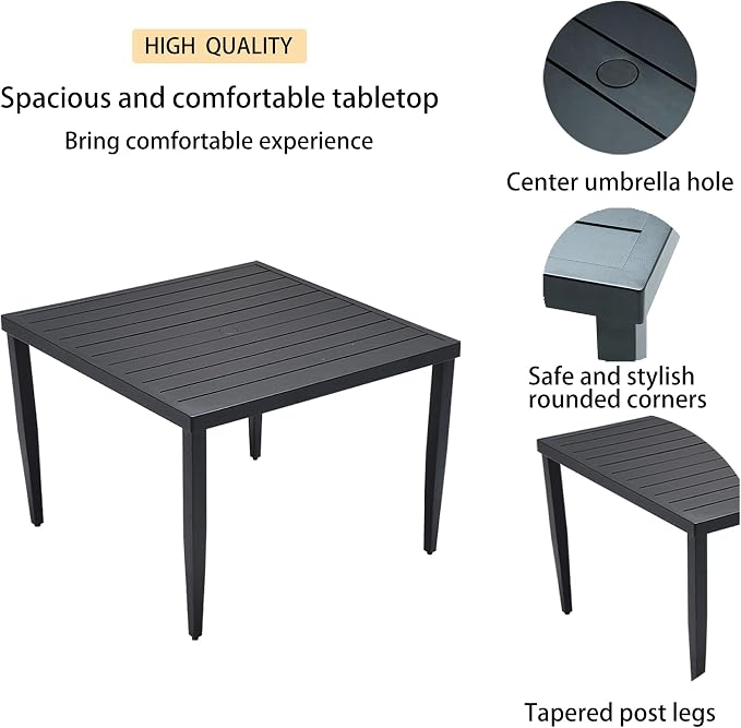 5-Piece Patio All Aluminum Furniture Set, All-Weather Resistant Outdoor Patio Set, 40" Square Dining Table with Umbrella Hole and 4 Swivel Rockers Fabric Upholstered,Ember Black