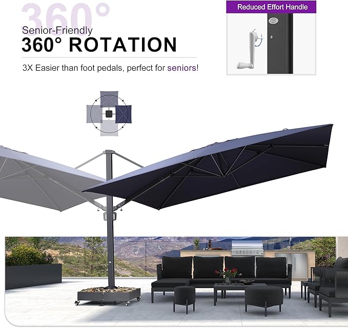PURPLE LEAF 13 FT Square Patio Umbrella Large Outdoor Aluminum Offset Umbrella with 360-degree Rotation Cantilever Umbrella for Garden Deck Backyard Pool Navy Blue