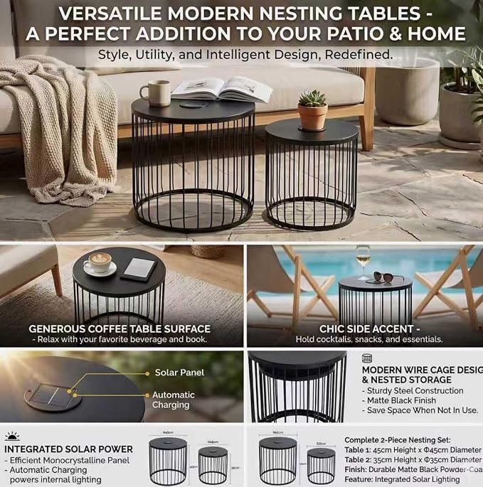 2-Pack 17.7 and 13.8 Inch Outdoor Side Tables, Solar Powered Side Tables with LED Lights, Round Metal Nesting Patio End Tables for Balcony Garden or Living Room, Black