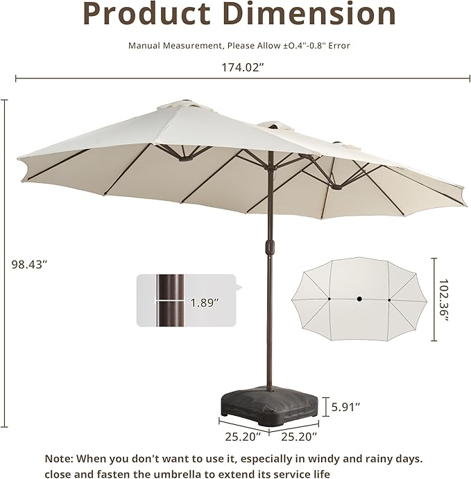 15Ft Patio Umbrella - Large Beach Umbrella W 12 Sturdy Ribs,UPF50 Outdoor Table Umbrella,Picnic Market Umbrella W Base Crank Handle for Pool,Yard,Garden