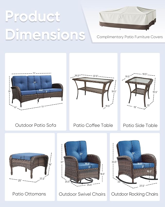 10-Piece Furniture Set-Patio Rocking Chairs Set of 4 Outdoor Rattan Sofa Sets with Coffee Table Outdoor Patio Furniture Sets for Deck Porch Garden Balcony Poolside-Brown/Blue
