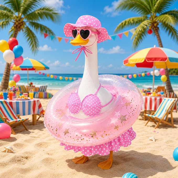 Hawaiian Swimsuit Bikini Goose Outfit, 23-inch Porch Goose Summer Costume with Swim Ring, Sunglasses & Hat, Summer Yard Decorations
