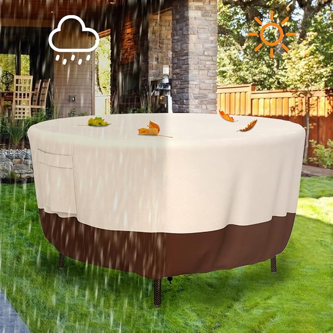 Patio Furniture Covers, Heavy Duty Round Patio Table Cover (62D x 28H Inch) Outdoor Dining & Coffee Table Cover for Veranda, Lawn, Table, Chair-Waterproof & Weather Resistant, Anti UV - Beige & Brown