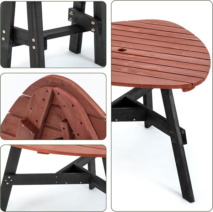 KEIKI 6-Person Outdoor Picnic Table Set with Benches & Umbrella Hole | Seats 6 with a 1,500 lb capacity, solid fir wood, umbrella hole, and 3 built-in benches for outdoor dining