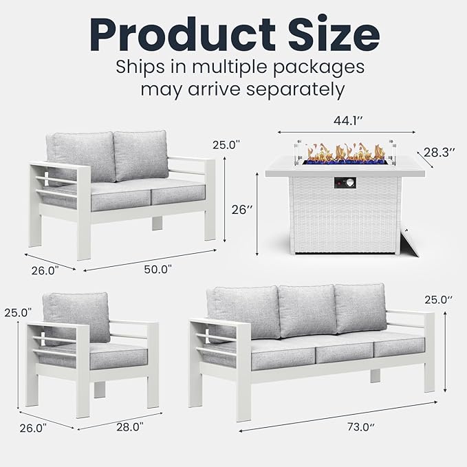 5 Pieces Modern Aluminum Patio Furniture Set with Fire Pit Table, Outdoor Conversation Sets Metal Sectional Sofa