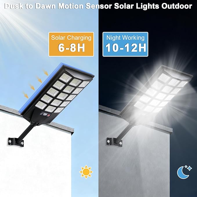 Jercoda Solar Lights Outdoor Waterproof, 50000LM 6500K Dusk to Dawn Solar Powered Street Light Motion Sensor with Remote, LED Security Flood Light for Outside Garden Yard Parking Lot Pathway, 1PACK
