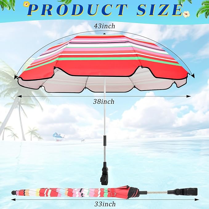 Buryeah 2 Pcs Beach Chair Umbrella Automatic with Universal Adjustable Clamp 44" UPF 50+ Portable Clamp on Beach Chair for Wheelchair Patio Golf Carts Camping
