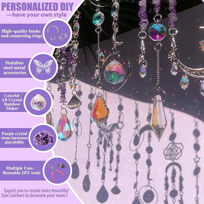 WASTROYAL 400pcs Suncatcher Kit, Crystal Prisms, DIY Hanging Window Decor | 8Set DIY Suncatcher Kit, Crystal Prisms Hanging for Window/Garden, Butterfly Rainbow Decor, Adults Art Crafts Gift with Guide