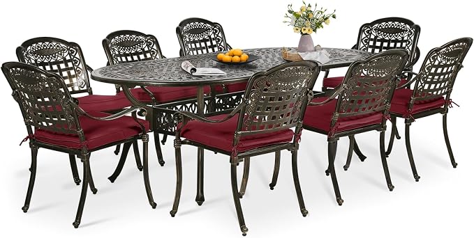9-Piece Patio Dining Set, Outdoor Patio Table and Chair Set of 84” Oval Cast Aluminum Dining Table with Umbrella Hole and 8 Outdoor Dining Cushion Chairs, Patio Funiture Set for Garden, Red
