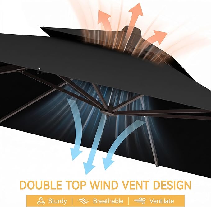 10x10 FT Patio Cantilever Umbrella (Base Not Included) (Base Not Included), Rectangular Heavy Duty Offset Umbrella for 6-8 People, 360°Rotation & Mult Tilt, Double Top Design, for Pool Garden Deck (Black)