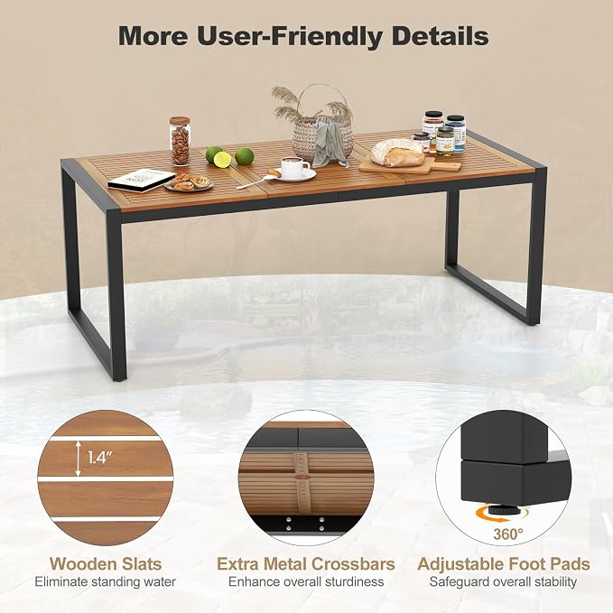 Tangkula 79 Inches Acacia Wood Outdoor Dining Table for 8, Large Rectangular Patio Table with 1.9" Umbrella Hole, Heavy Duty Metal Legs & Adjustable Foot Pads, Outside Table for Patio, Garden, Yard