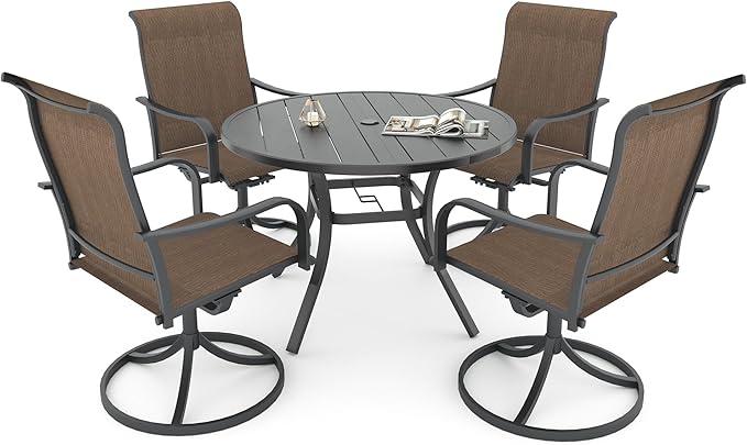 Anmutig 5 Piece Outdoor Patio Round Table with 41" Metal Round Table and 4 Brown Yellow Textilene Swivel Chairs Set for Garden - Style2
