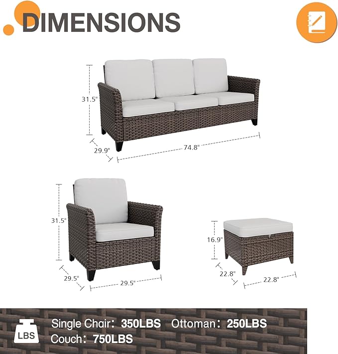 COOS BAY Harbor Retreat 5 Piece Outdoor Furniture Set, Patio Conversation Set with Patio Chairs, 3 Seat Couch and Ottomans, Wicker Furniture, Brown/Beige