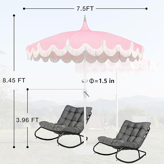 7.5ft Pagoda Patio Umbrella with Fringe, UPF50+ Tassel Umbrella with Crank & Fiberglass Ribs, Holiday Outdoor Umbrella for Garden Pool Lawn Yard Table