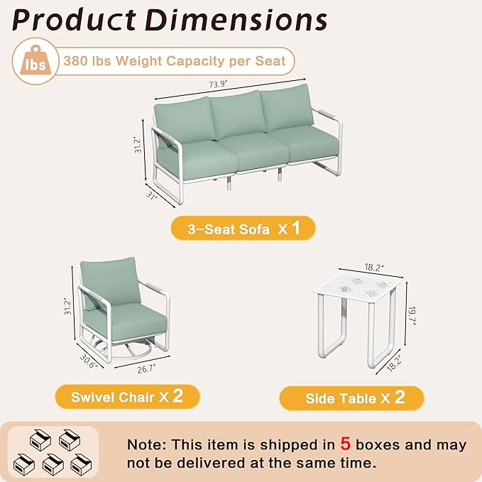 MBY Outdoor Aluminum Patio Furniture Set, 5-Seats Patio Conversation Sofa Set with 2 Swivel Rocking Chairs and 2 Coffee Tables, All Weather for Pool, Balcony, Garden-White