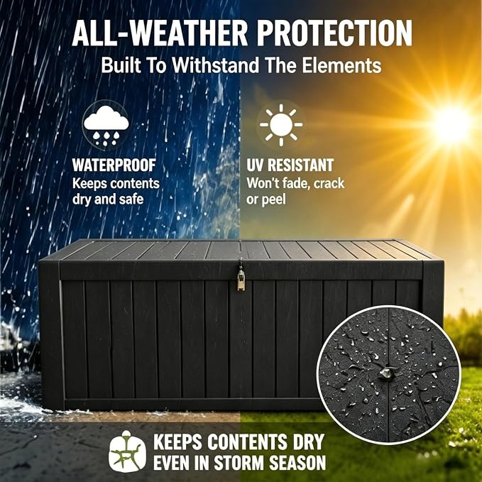 270 Gallon Outdoor Storage Box, Waterproof Resin Deck Container with Lockable Lid, Patio Organizer for Cushions & Garden Tools, Matte Black