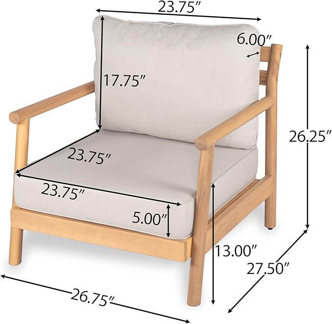 Christopher Knight Home Jorine Patio Chat Set, Acacia Wood Accent Chair, Slat Panel Coffee Table, Sectional L Shaped Sofa, Loveseat and Lounge Chair, Outdoor Conversation Set for Yard, Teak+Beige