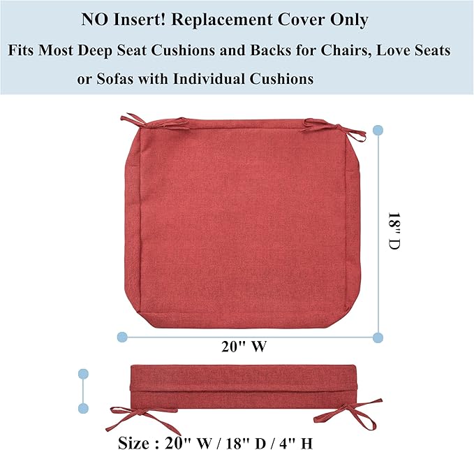 FUNHOME Outdoor Chair Cushion Covers 2 Pack, No Insert! Patio Cushion Covers Replacement 20" x 18" x 4", Water Resistant Patio Chair Cushion Slipcovers, Sangria Red(Covers ONLY)