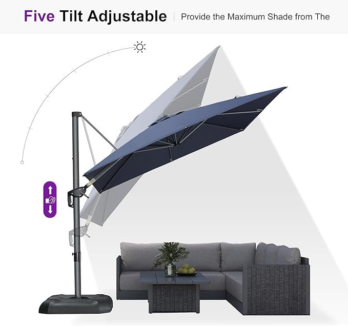 PURPLE LEAF 8'×8' Patio Cantilever Umbrella with Base Included Offset Outdoor Umbrella with Cover Square Outdoor Patios for Backyard Pool Garden Navy Blue