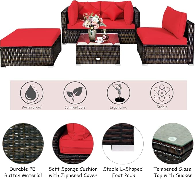 RELAX4LIFE 5-Piece Rattan Sofa Set - Wicker Conversation Set w/Armless Sofa, 2 Corner Sofas, Ottoman, Tempered Coffee Table, All Weather Outdoor Furniture Set for Patio, Poolside, Yard (Red)