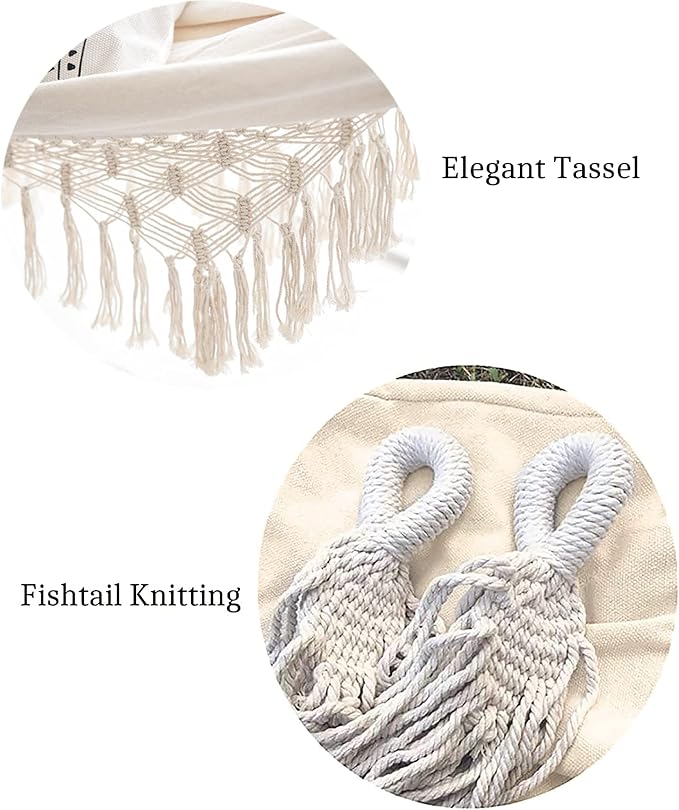 YFUG GO Double Sized Boho Macrame Cream Hammock with Elegant Tassels and Fishtail Knitting 485Lbs Includes Tie Ropes and White Drawstring Bag for Women