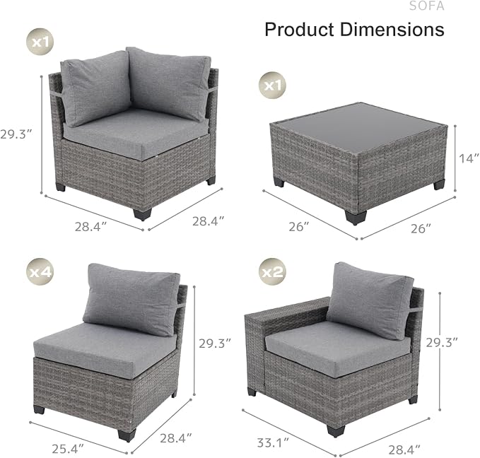 SUNSITT 6-Piece Patio Furniture Set, Outdoor Wicker Modular Sectional Sofa with 7.7-inch Wide Armrests & Thick Comfy Cushions, Glass Top Coffee Table, Rattan Conversation Set, Grey Color