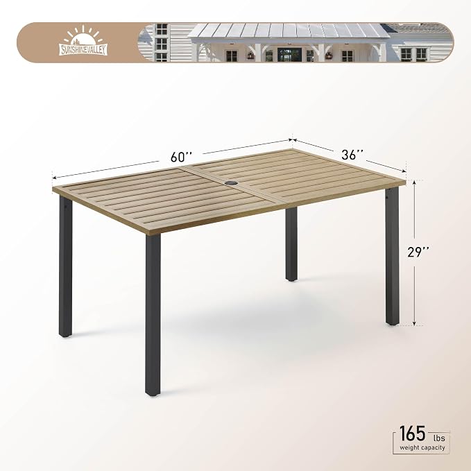 SUNSHINE VALLEY 60" Patio Dining Table for 6,Teak Color Rectangle Patio Table with Umbrella Hole,E-Coating and Powder Coating Steel Frame Metal Outdoor Patio Table for Garden Backyard Lawn Yard