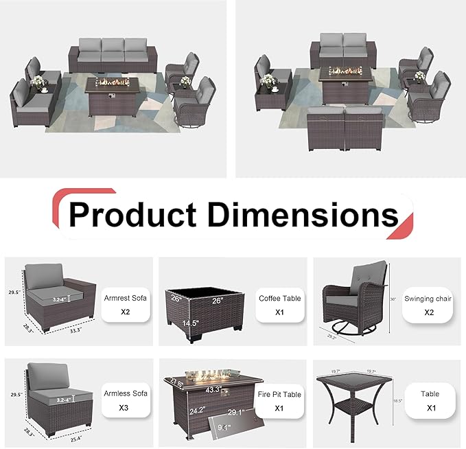 Patio Sofa Set 10-Pieces PE Rattan Swivel Rocking Chairs Outdoor Furniture Set w/43in Gas Fire Pit Table, Grey