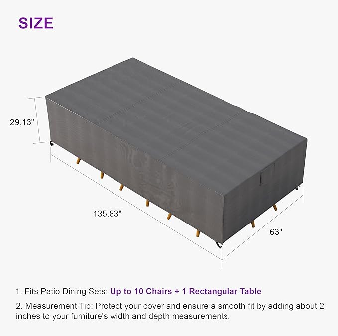 PURPLE LEAF Patio Furniture Cover Waterproof Heavy Duty TPU Coating Tear-Resistant Fabric for Outdoor Rectangular Sectional Sofa Couch Set Dining Table Chair Covers 136"L x 63"W x 29"H