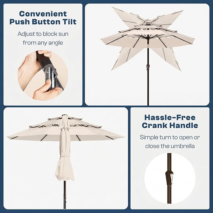 10ft 3 Tier Patio Umbrella, Outdoor Market Table Umbrella with UPF 50+ Vented Canopy, 8 Sturdy Ribs, Easy Push Button Tilt and Crank, Windproof for Deck, Pool, Backyard and Garden