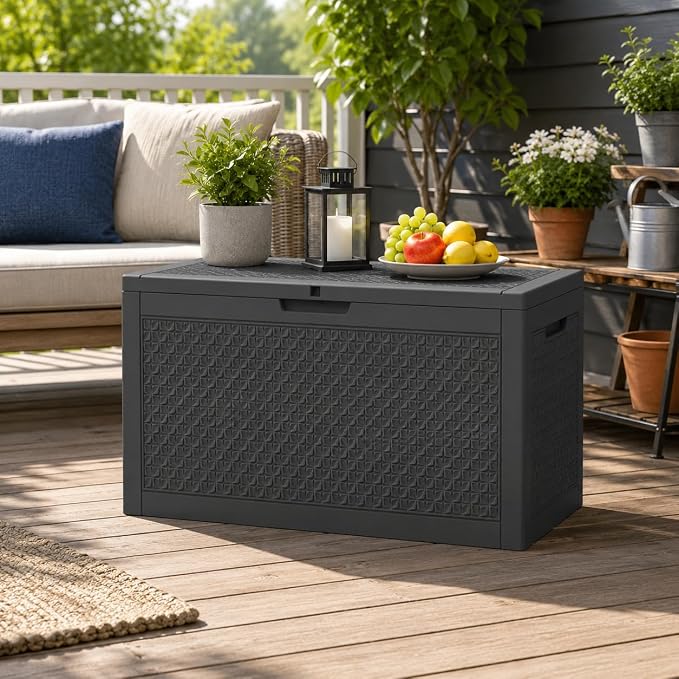 102 Gallon Outdoor Storage Box, Resin Deck Box Waterproof & Lockable, Patio Cushion Storage Bench for Garden, Pool, Furniture & Tools, UV Resistant Heavy Duty, Black