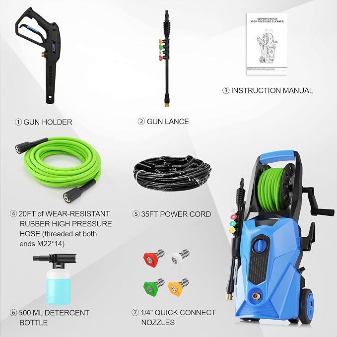 Electric Pressure Washer 5000PSI Portable with 33FT Hose Reel, 4 Nozzle Set for Home/Cars/Fences/Windows, Blue