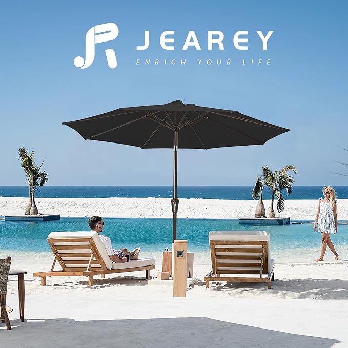 JEAREY 10FT Outdoor Patio Umbrella Outdoor Table Umbrella with Push Button Tilt and Crank, Market Umbrella 8 Sturdy Ribs UV Protection Waterproof for Pool, Garden (Black)