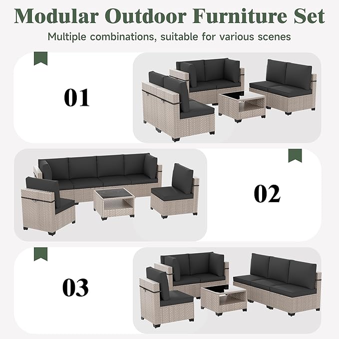 7 Pieces Patio Furniture Set, Outdoor Sectional Wicker Sofa with Thick Cushions and Storage Coffee Table, Rattan Patio Conversation Sets for Deck Yard Poolside, Black