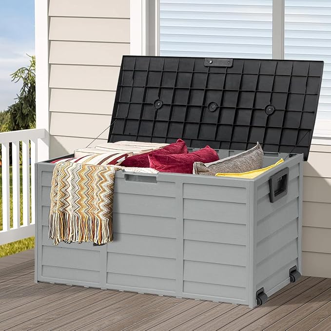 Crownland Outdoor Storage Deck Box - Upgraded 75 Gallon Sun-proof Woodgrain Patio Storage Box for Balcony, Garden, Grey