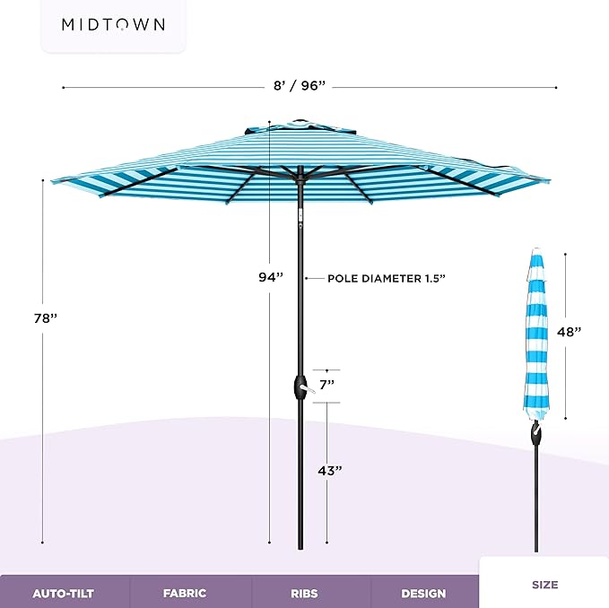 Midtown Umbrellas - 10-Year-No-Fade 8 Ft Patio Umbrella with Terylast Fabric, Auto-Tilt Aluminum Frame and 8 Reinforced Ribs for Deck, Pool, Garden & Beach - Blue/White Stripes Canopy, Black Pole