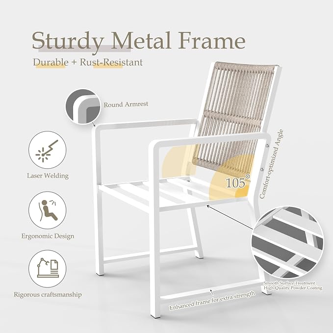 6 Pieces Metal Outdoor Dinning Set Featuring 2 Tables and 4 Ratten Chairs Waterproof and Rust-Proof Courtyard Style Table Garden Balcony Poolside, White 6 Pcs