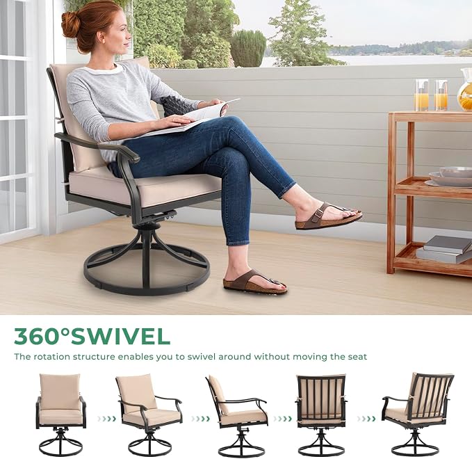 LVUYOYO 5-Piece Outdoor Patio Dining Set, Metal Swivel Chairs & Square Table Set, All-Weather Furniture for Backyard, Garden,Balcony,Porch (1 Square Table+ 4 Swivel Chairs)