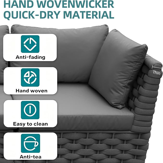 3-Seat Modular Outdoor Sofa Set with Coffee Table, Woven Rope Patio Sectional Couch, Rust-Proof Aluminum Frame, Water-Resistant Cushions for Backyard Balcony Deck, Dark Gray