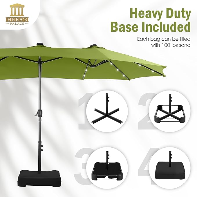 HERA'S PALACE 15ft Patio Umbrella with Base Included Double Sided Outdoor Umbrella for Patio Table Umbrella Outdoor 36 LED Solar Lights for Garden