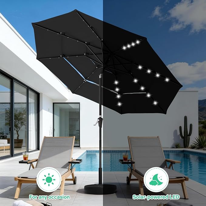 JEAREY 3 Tiers Patio Umbrella with Solar Lights 9ft Outdoor Market Table Umbrellas with Push Button Tilt for Outside Pool Garden, Black