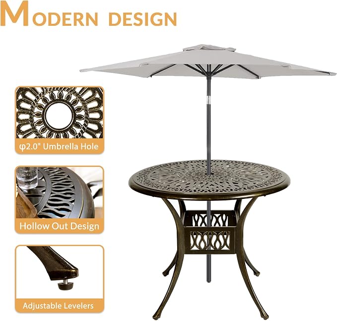 5-Piece Outdoor Patio Dining Set, All-Weather Cast Aluminum Patio Furniture Set for Backyard Garden Deck with 4 Chairs, 4 Cushions and 35.4" Round Table, 2" Umbrella Hole, Blue